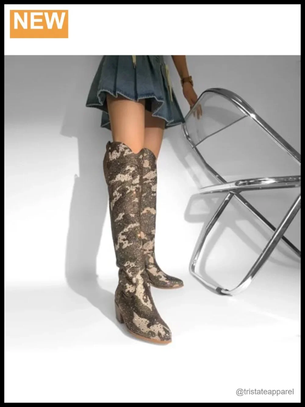 Women's Rhinestone Embellished Cowboy Boots Sparkly Wide Calf Over Knee